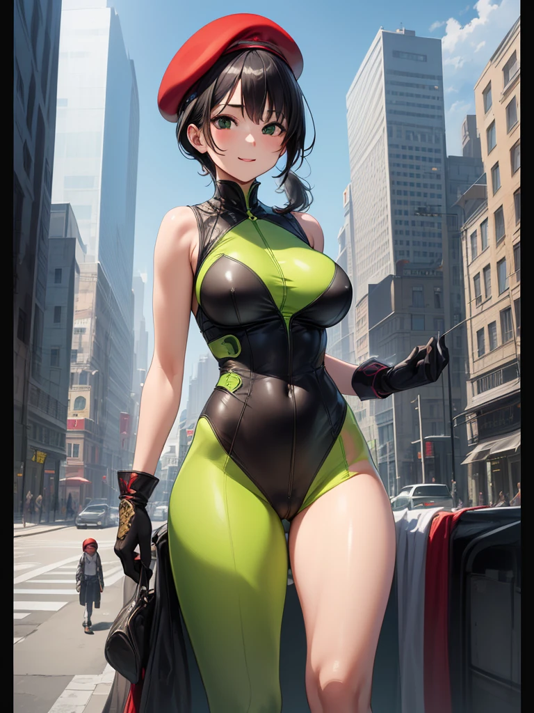 ((extremely detailed illustration)), highres, ((extremely detailed and beautiful background)), (professional illustrasion), (official art), ((Ultra-precise depiction)), ((Ultra-detailed depiction)), (beautiful:1.2 and aesthetic:1.2), beautiful detailed, intricate:1.1, nice hands, perfect hands, zentangle,
(young girl), ((kawaii)), baby face, (highly detailed beautiful face and eyes, big breasts, firm breasts), oily skin, ((black hair)), ((black eyes)), ((bob with (short ponytail hair))), thin pubic hair, cute lovely, (cheerful disposition),
((simple clothes)), (((green:1.3) (highleg:1.3) bodysuit)), ((sleeveless:1.3)), (((red:1.1) combat gloves:1.1)), (combat boots:1.2), ((red beret:1.2)), ((bare legs:1.3)),
A panoramic view from a high-rise building capturing the modern architecture, skyscrapers, bustling streets, and a network of roads with vehicles.,