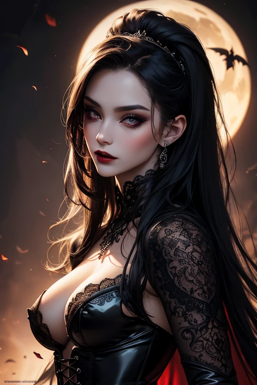 (highres),ultra-detailed,portrait:1.2,pale skin,gothic style,oriental style,nude,expressive eyes,dark lips,long dark hair,beautiful detailed eyes,beautiful detailed lips,piercing on the nose,vibrant colors,dramatic lighting,vampire theme,dark background,lace dress,elements of mystery,subtle makeup,delicate features,PVC corset,artistically posed,provocative gaze,captivating expression, nude 