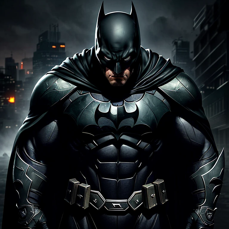 Dark and brooding, a masqueraded Batman stands before the camera with a Mortal Kombat-inspired edge. (1 superhero), batman, (striking pose), photo, (dramatic and gritty), (high contrast), (detailed texture), armored-suit: 1.1, gripping a weapon: 1.2, gray-tinted, ominous, (pensive and focused expression), shadowed, cape flowing, defined muscles, realistic, photo-realistic: 1.5, intricately designed bat-symbol, detailed body sculpts and armored plates, weathered and battle-worn, autumn sunset, cin