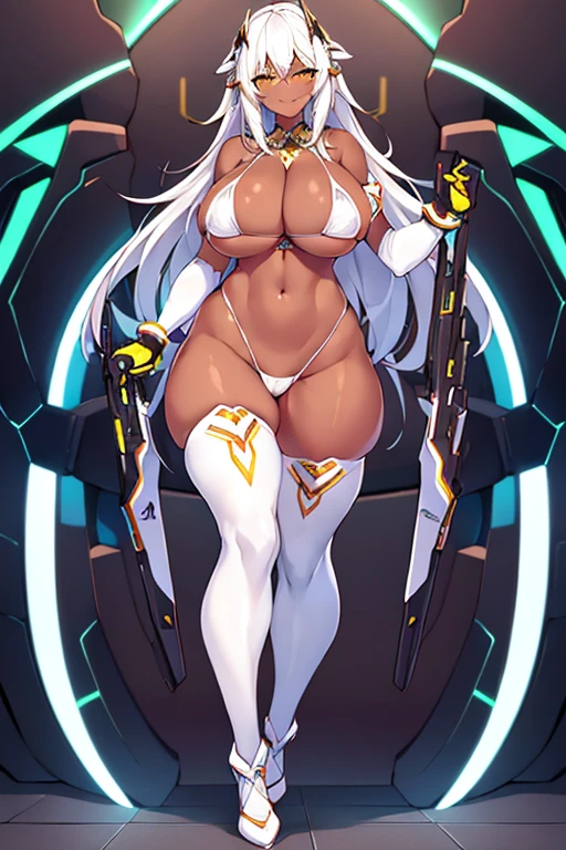 1girl, large , wide hips, dark-skinned female, dark skin, white hair, yellow eyes, white bikini, highleg, highleg bikini, micro bikini, smile, smirk, smug, thighhighs, full_body, ((full body)), standing, neon, neon trim, futuristic, science-fiction, masterpiece, ((masterpiece))