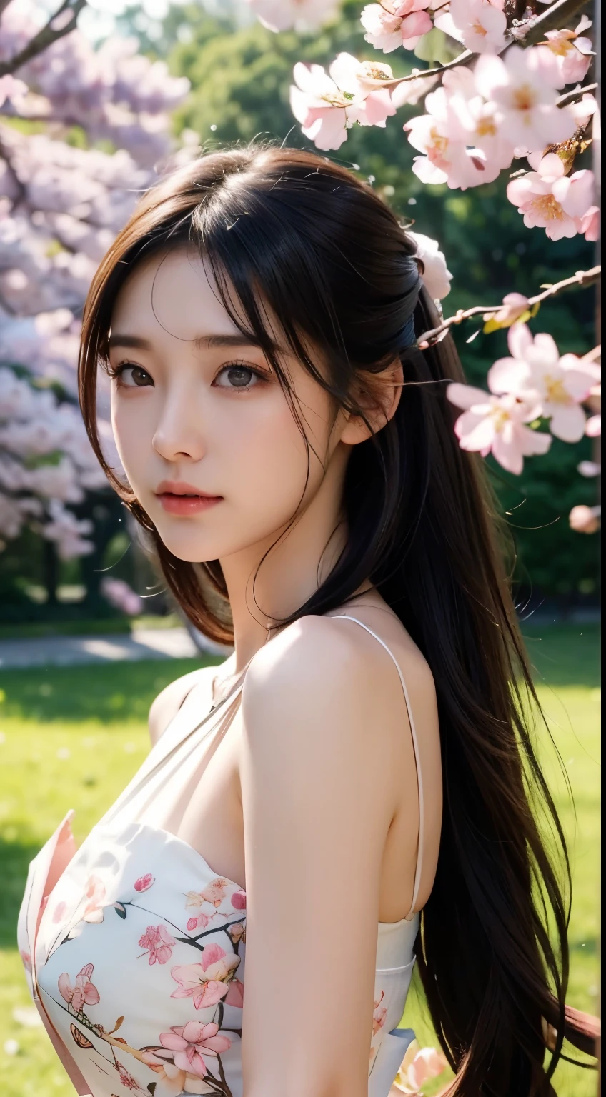 (logo、masterpiece、8K、table top、RAW photo、wonderful、最high quality、フォトリアリスティックでvery detailedな CG 統合 8k 壁紙、high quality、very detailed、narrative poem、particle effects、dynamic effect、Depth of bounds written、cinematic light、Lens flare、ray tracing)、fantasy、 (1 beautiful woman、dress、dress、Cherry blossom pattern、black haired、beautiful face、real face、beautiful details eyes beautiful skin)、髪がWindで踊る、Hair flutters in Wind、hair jump、pink cherry tree、petals dance、SakuraFubuki、wonderful景色、sunrise、sun on background、Wind、