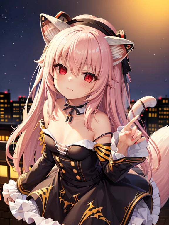 (Cat ears, fox tail: 1.1, pink hair, low tails:1.1, pink eyes, enjoy, Halloween costume and witch hat, small Pumpkin necklace, claw pose), (Walking through the city at night: 1.2, Halloween, pastel colors) ), (solo, highest quality, masterpiece, soft curves), (shining eyes, thick lines), (angle from above), (reaching hand, whole body, small breasts, staring eyes, slightly flushed cheeks)