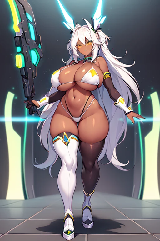 1girl, large breasts, wide hips, dark-skinned female, dark skin, white hair, yellow eyes, white bikini, highleg, highleg bikini, micro bikini, smile, smirk, smug, thighhighs, full_body, ((full body)), standing, neon, neon trim, futuristic, science-fiction, masterpiece, ((masterpiece))