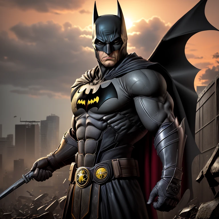 Dark and brooding, a masqueraded Batman stands before the camera with a Mortal Kombat-inspired edge. (1 superhero), batman, (striking pose), photo, (dramatic and gritty), (high contrast), (detailed texture), armored-suit: 1.1, gripping a weapon: 1.2, gray-tinted, ominous, (pensive and focused expression), shadowed, cape flowing, defined muscles, realistic, photo-realistic: 1.5, intricately designed bat-symbol, detailed body sculpts and armored plates, weathered and battle-worn, autumn sunset, cin