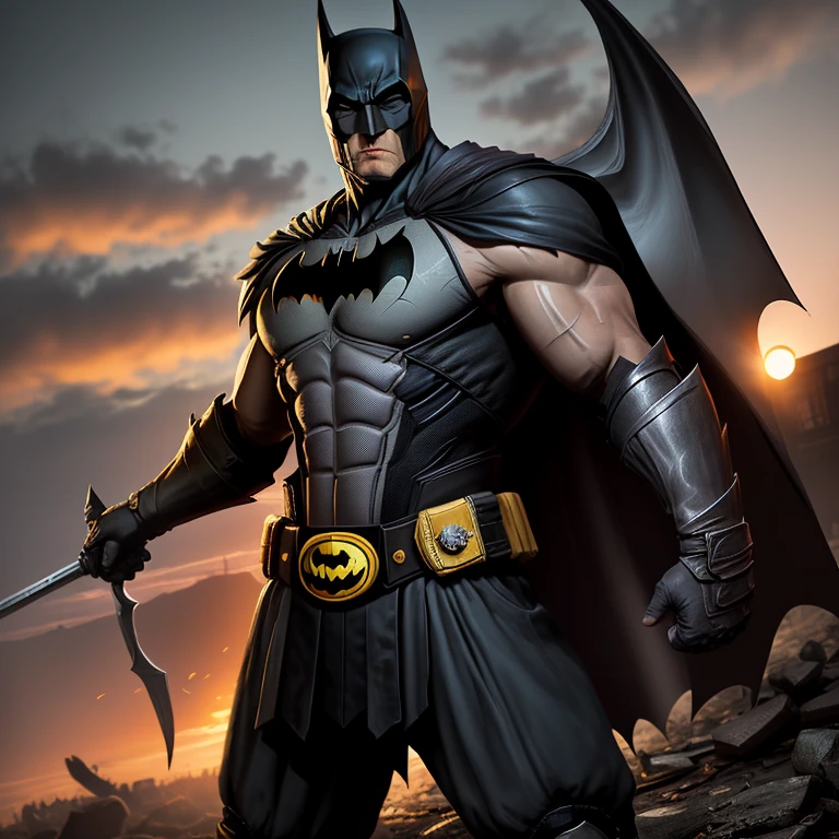 Dark and brooding, a masqueraded Batman stands before the camera with a Mortal Kombat-inspired edge. (1 superhero), batman, (striking pose), photo, (dramatic and gritty), (high contrast), (detailed texture), armored-suit: 1.1, gripping a weapon: 1.2, gray-tinted, ominous, (pensive and focused expression), shadowed, cape flowing, defined muscles, realistic, photo-realistic: 1.5, intricately designed bat-symbol, detailed body sculpts and armored plates, weathered and battle-worn, autumn sunset, cin