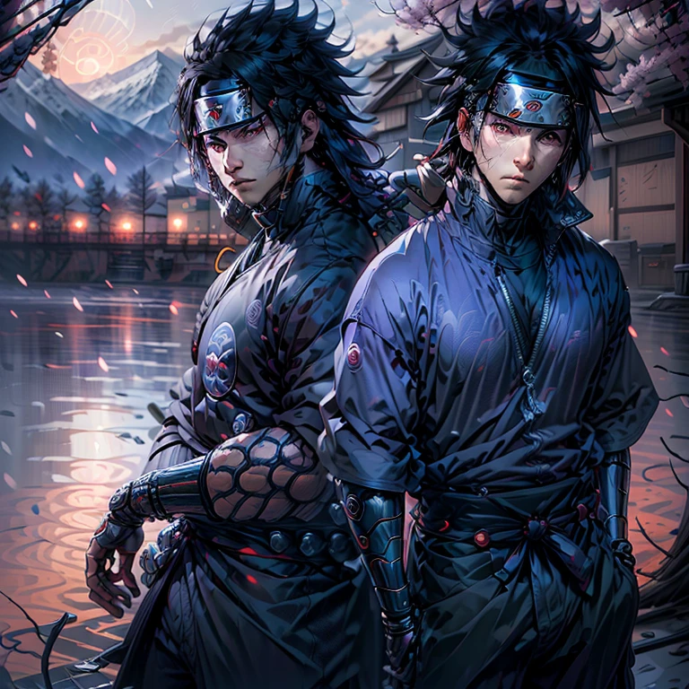 Ultra-realistic CG masterpiece, best quality, Sasuke Uchiha in ronin samurai attire. (Detailed face with piercing gaze and defined jawline), (sharp katana at his side), (worn armor with intricate patterns), (long, wavy raven hair tied back in a ponytail), (amidst a backdrop of cherry blossoms in full bloom), (sun setting behind mountains casting long, beautiful shadows), (a tranquil pond reflecting the changing colors of the sky), (Sasuke's serious expression adding depth to the painting), (the intricate details of his haori and obi),