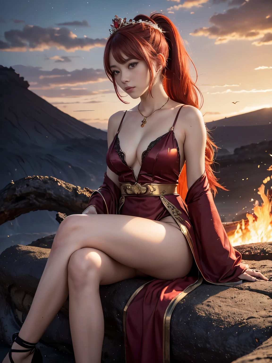 (masterpiece,8K,Super detailed,highest quality:1.5),((super cute)),best image quality,1 female,Two-dimensional beauty,(long hair,ponytail,scarlet colored hair,scarlet eyes:1.3),(active volcano crater,lava,Evening sky:1.3),(She wears a fantastic long garnet-colored robe all over her body.),jewelry,(gold and garnet crown:1.3),bare shoulders,beautiful and delicate hands,Sitting with your knees closed