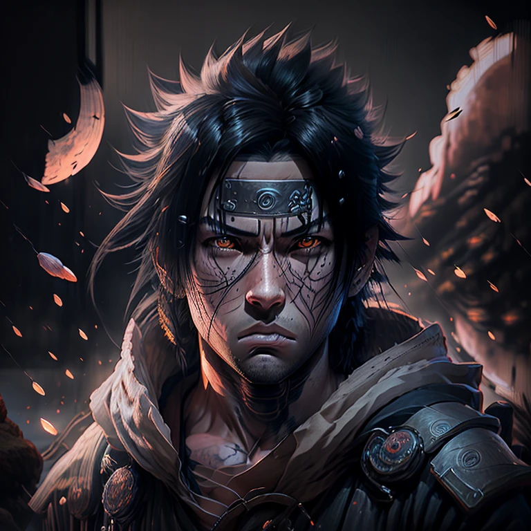 Ultra-realistic CG masterpiece, best quality, Sasuke Uchiha in ronin samurai attire. (Detailed face with piercing gaze and defined jawline), (sharp katana at his side), (worn armor with intricate patterns), (long, wavy raven hair tied back in a ponytail), (amidst a backdrop of cherry blossoms in full bloom), (sun setting behind mountains casting long, beautiful shadows), (a tranquil pond reflecting the changing colors of the sky), (Sasuke's serious expression adding depth to the painting), (the intricate details of his haori and obi),