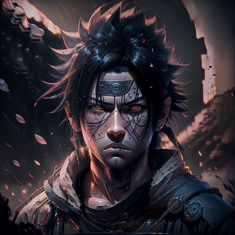 Ultra-realistic CG masterpiece, best quality, Sasuke Uchiha in ronin samurai attire. (Detailed face with piercing gaze and defined jawline), (sharp katana at his side), (worn armor with intricate patterns), (long, wavy raven hair tied back in a ponytail), (amidst a backdrop of cherry blossoms in full bloom), (sun setting behind mountains casting long, beautiful shadows), (a tranquil pond reflecting the changing colors of the sky), (Sasuke's serious expression adding depth to the painting), (the intricate details of his haori and obi),