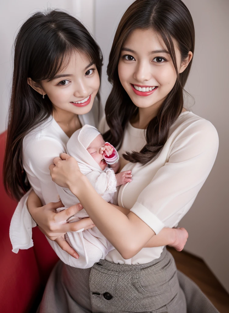 (((( and daugng woman holding baby in her ,Young woman holding baby)))),(Amazincute  holding baby、Japan and half pain,Photographed from above the knees,Luxury Hotel Suite,Sit on a bed in a luxury hotel,超Realistic ,Navy blue skirt with red ribbon and white shirt,,the cutest woman,japanese goddess, big and full breasts,)、((See the perfect camera here Big smile,clean teeth,perfect teeth,white teeth,detailed face,quality and beautiful face,Clean and beautiful face,perfect gas chamber,perfect fingers,perfect hands,exact 5 fingers)),nice skin、glowing skin、nice thighs、Shining thighs、shining legs、master piece，High resolution，1 girl，beautiful expression，red high gloss lipstick，physically，Dindal effect，Realistic，dark studio，edge light，two-tone lighting，（high detail skin：1.2），8K Ultra HD， Digital single-lens reflex camera, soft writing, high quality, volume light, sneak shot, photore, High resolution