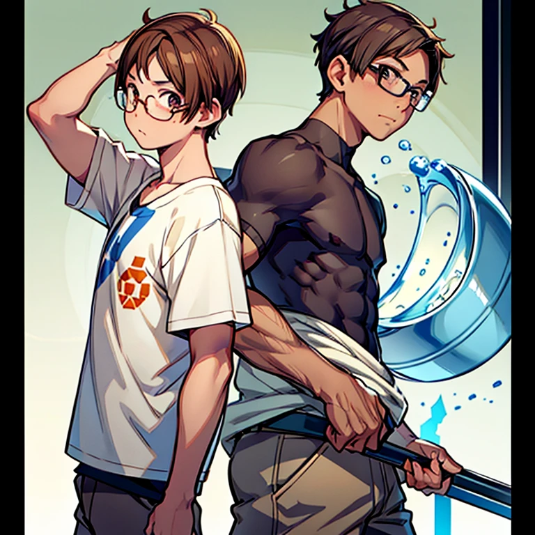 very short hair, brown hair, light skin, 1 boy, man, average physique, short hair, beige eyes, short eyebrows, very short eyebrows, thick eyebrows, casual clothing, glasses, young, anime