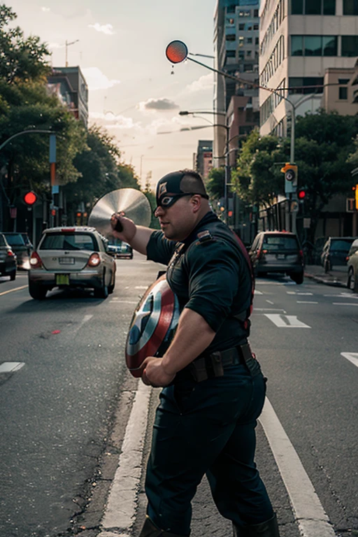 Obese Captain America throwing shield at traffic light.