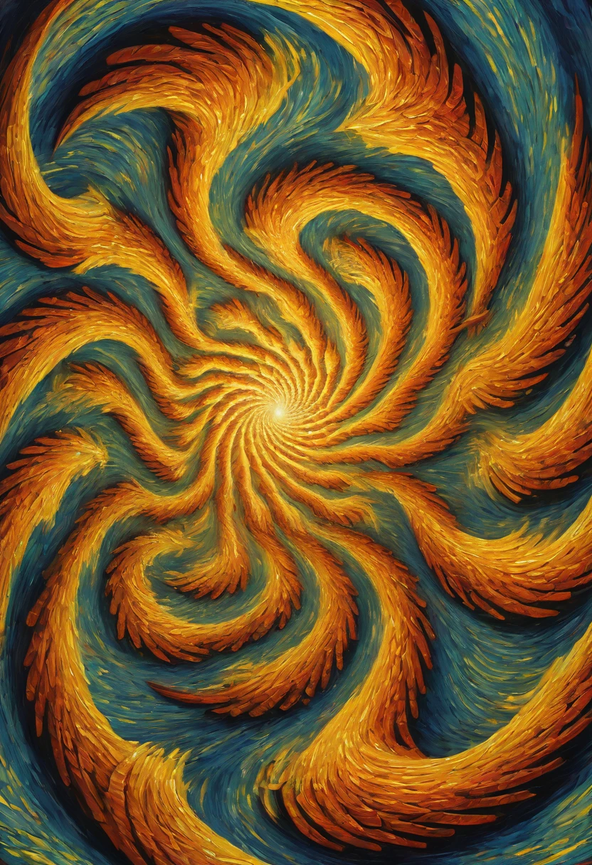 Optical illusion, phoenix, opti, illusion, moving, spinning, spiral, vortex, rotating, inspired by van gogh, enhance, intricate, (best quality, masterpiece, Representative work, official art, Professional, 8k)