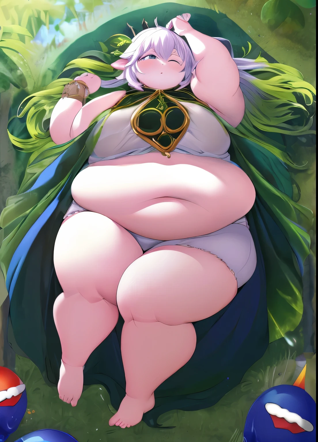 (masterpiece, highest quality, super detailed)queen slime、Detailed hands, Detailed Face, detailed feet, Detailed Eyes, young girl, thick thighs、Girl with thick fat chunky physique ,Completely color-coded beauty、Luxurious cloak、lie down、sleepy face