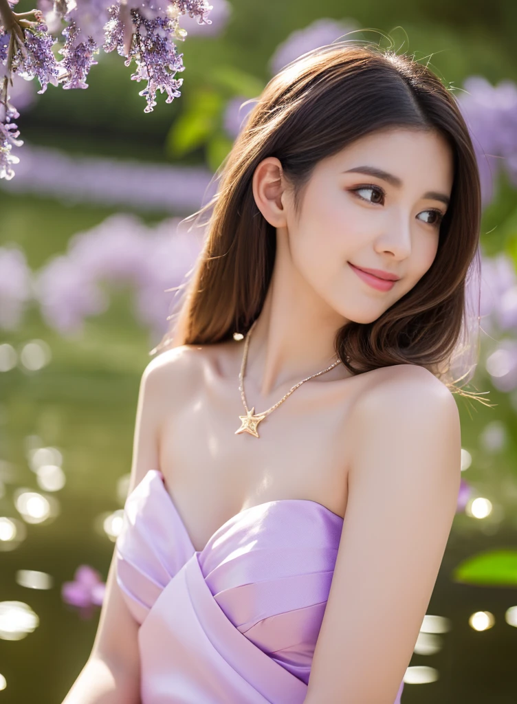 excellent quality, masterpiece, High Resolutiupon, 1 girl, blush, (enchanting smile: 0.8), star pupil, Chinese Han-style lilac, hair accessory, necklace, jewelry, beauty, upon_body, Tyndall effect, realism, Lotus Pupond, light edge, Two-tupone Lighting, (high detail skin: 1.2), 8K UHD, Digital single-lens reflex camera, soft light, high quality, volume lighting, candid photos, High Resolutiupon, 4K, 8K, background bokeh