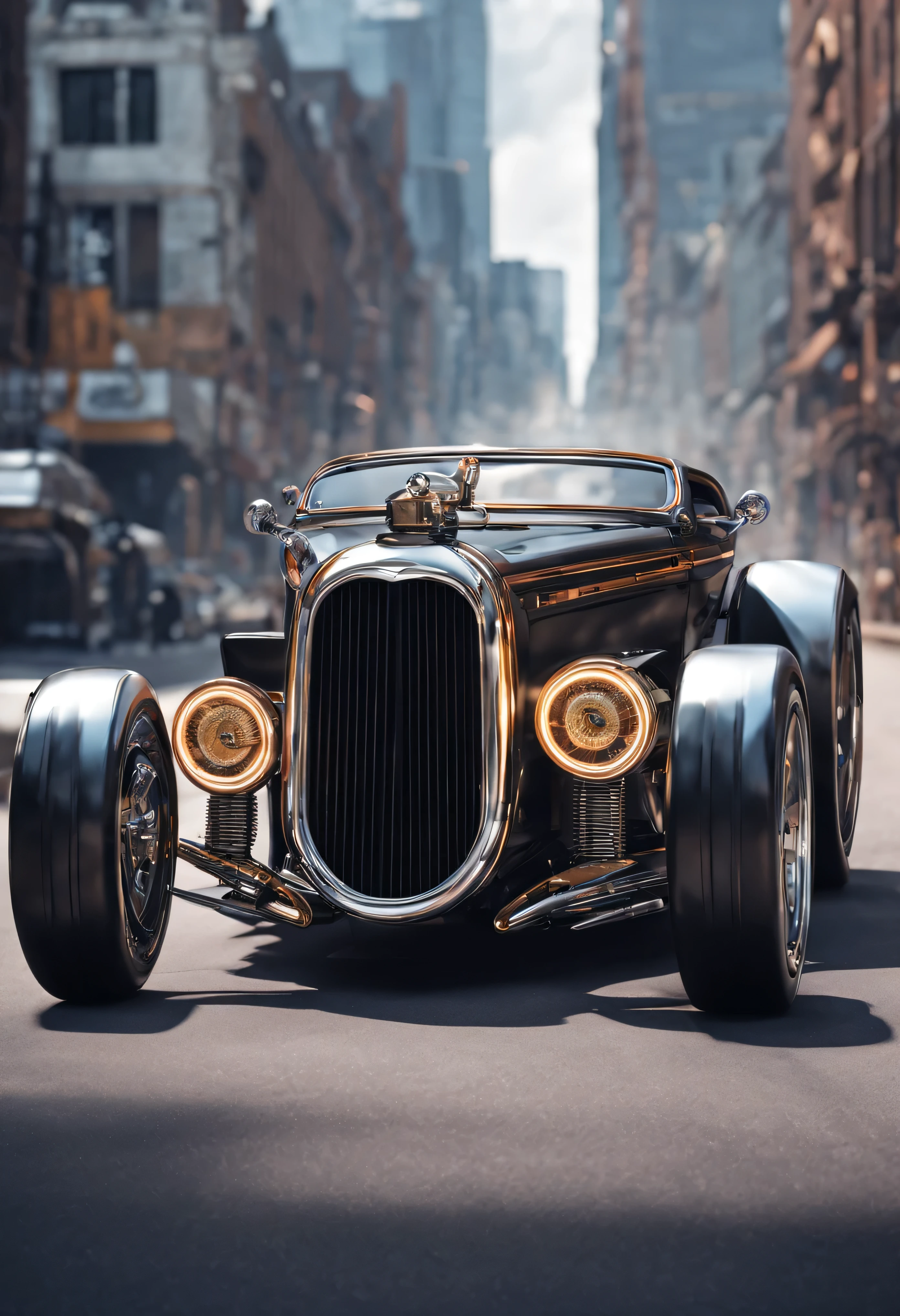 A futuristic hi-tech hot rod inspired by, Steampunk-inspired, Chrome Exhaust pipes, LEDs, (((Black wheels))), on the road in city area background, at Midday time, Front Side view, symmetrical, By Ray Shark