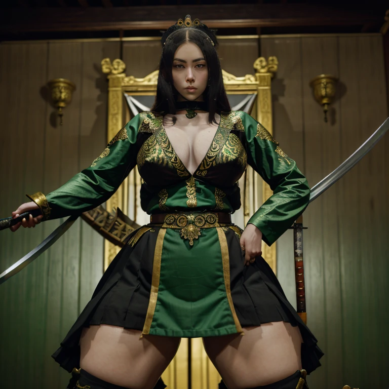 1girl Monarch is a demon slayer she wears a green hoari with a golden dragon on the back her sheate for her katana is black with golden patterns while her katana is green with a black handle her katana also has black on the sharp part