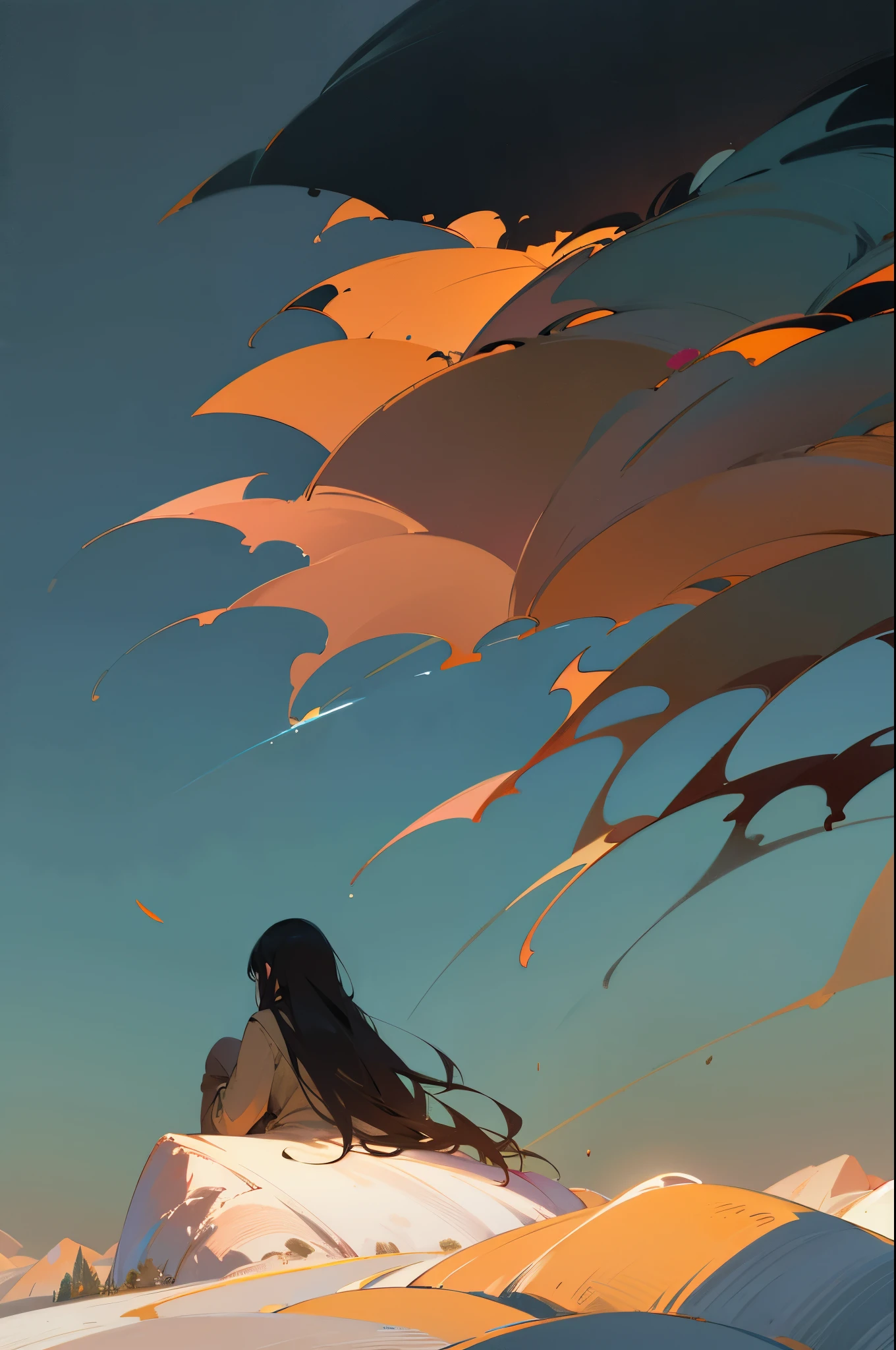 best quality,ultra-detailed,(realistic:1.37),highres,masterpiece:1.2,portrait,landscape,romantic,sad scene,melancholy,(faded sugar maple leaves),female sitting,next to male,on top of a cliff,from behind view,tears streaming down her face,long flowing hair blowing in the wind,expressive eyes,gentle touch of her hand on his shoulder,dramatic lighting,subtle color palette of soft blues and grays,remote wilderness background,peaceful atmosphere,numinous,serene ambiance,poignant moment,emotional depth