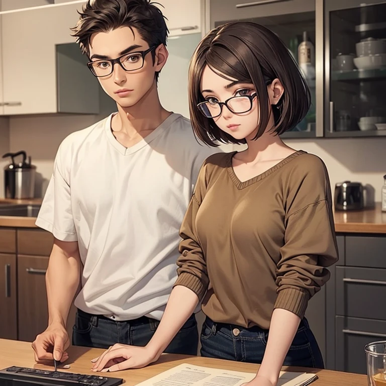 very short hair, brown hair, light skin, 1 boy, man, average physique, short hair, beige eyes, short eyebrows, very short eyebrows, thick eyebrows, casual clothing, glasses, young, anime