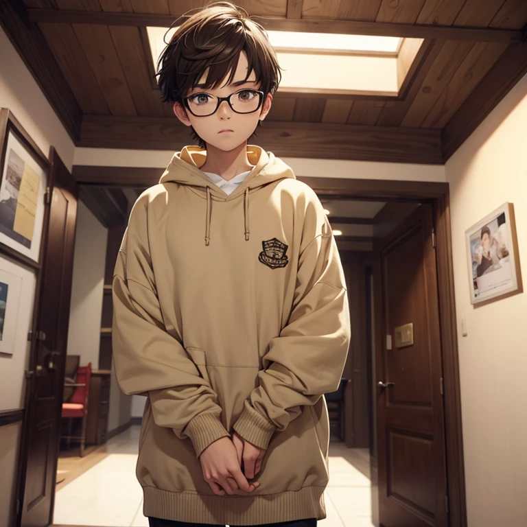 very short hair, brown hair, light skin, 1 boy, man, average physique, short hair, beige eyes, short eyebrows, very short eyebrows, thick eyebrows, casual clothing, glasses, young, anime