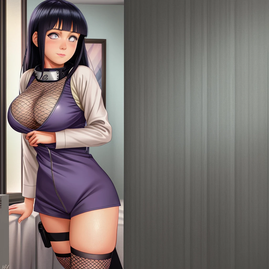 Masterpiece, highres, high Quality, detailed face, detailed body render, 1girl, solo, hyuuga hinata, hinata-sleeveless-outfit, large breasts, big breast, sleeveless shirt, fishnet top, dark lips, unzipped jacket, no bra, breasts out, nipple, standing, blushes, (on bedroom)