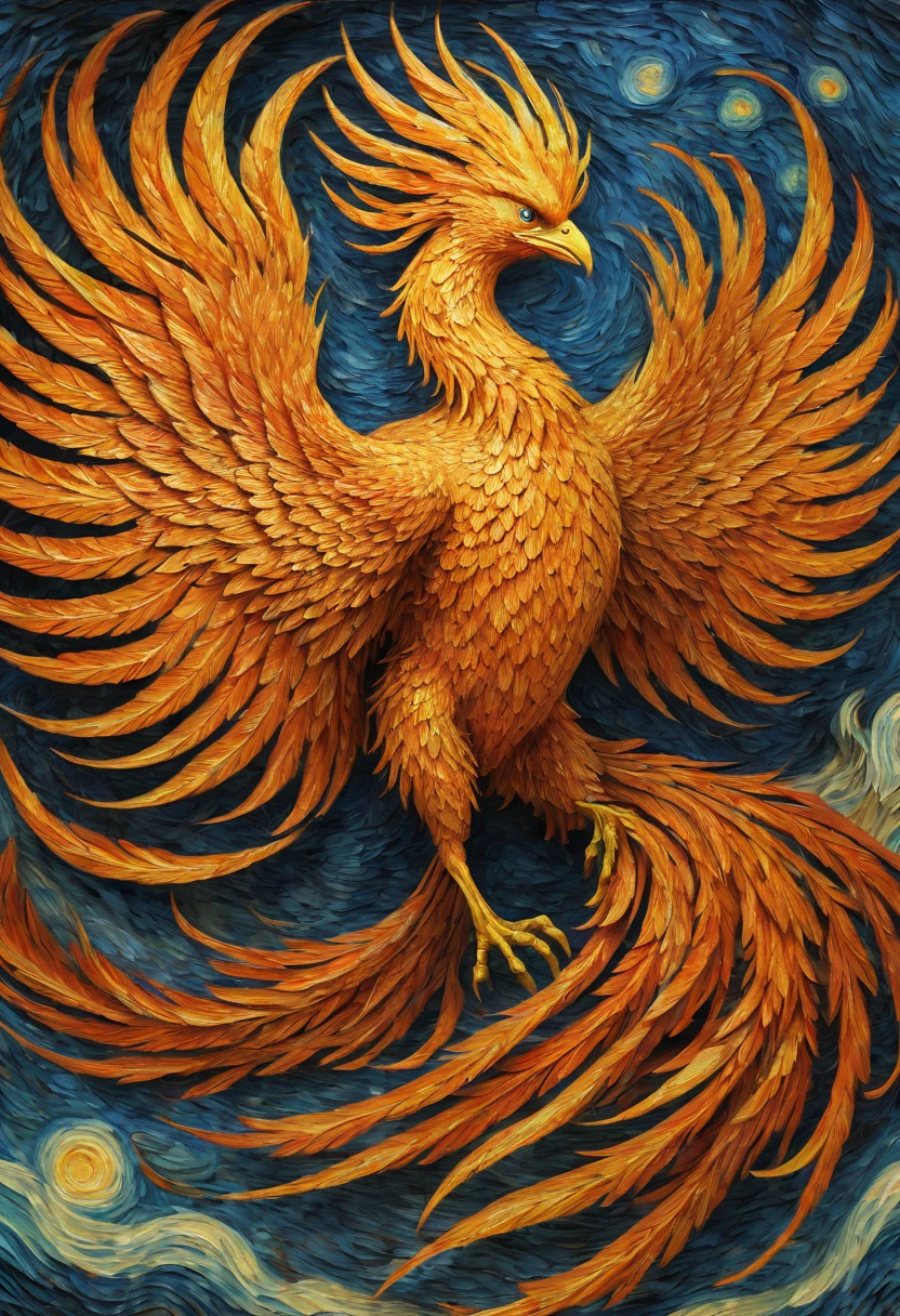 Optical illusion, a phoenix, moving, inspired by van gogh, enhance, intricate, (best quality, masterpiece, Representative work, official art, Professional, 8k)