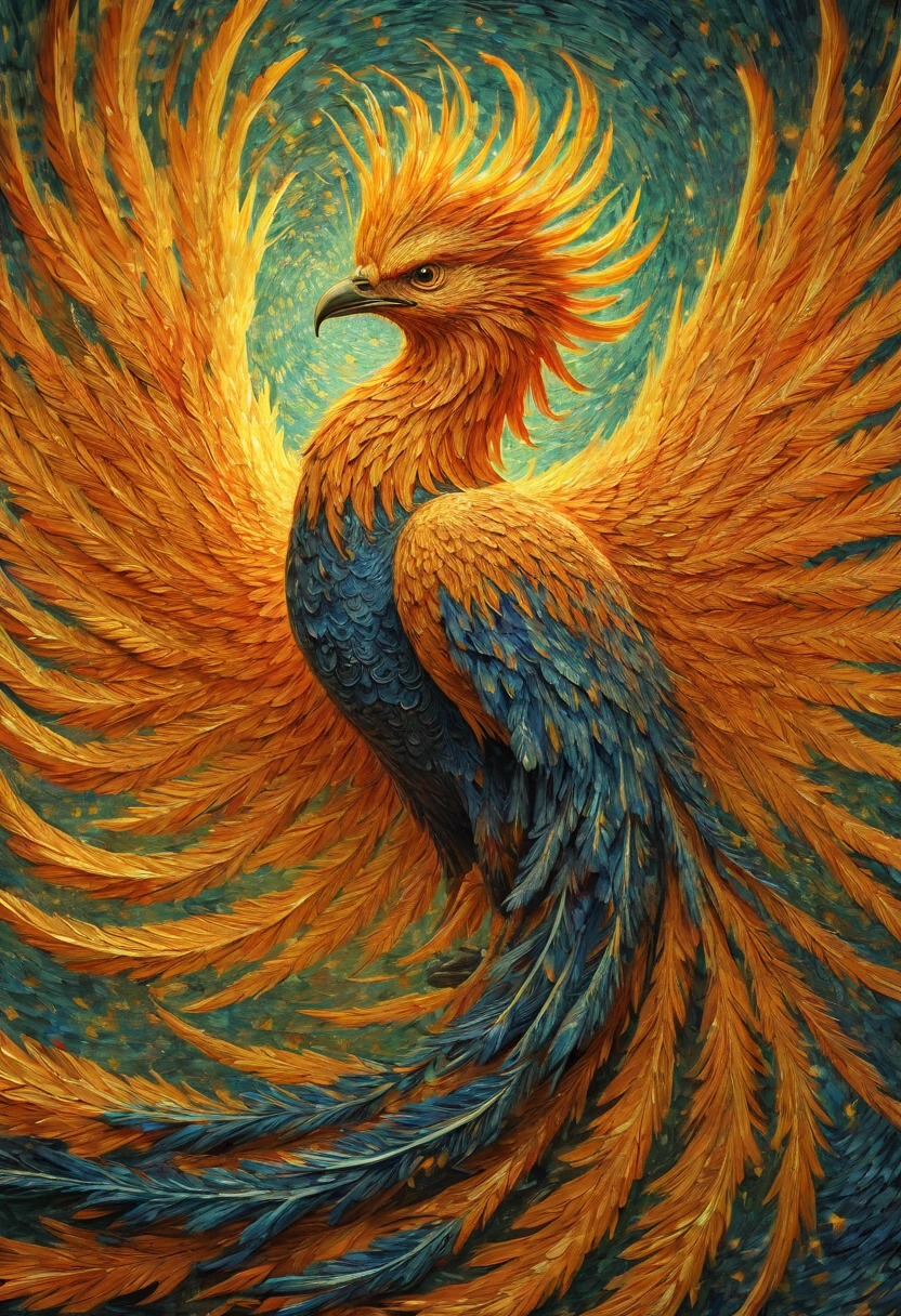 Optical illusion, a phoenix, moving, inspired by van gogh, enhance, intricate, (best quality, masterpiece, Representative work, official art, Professional, 8k)