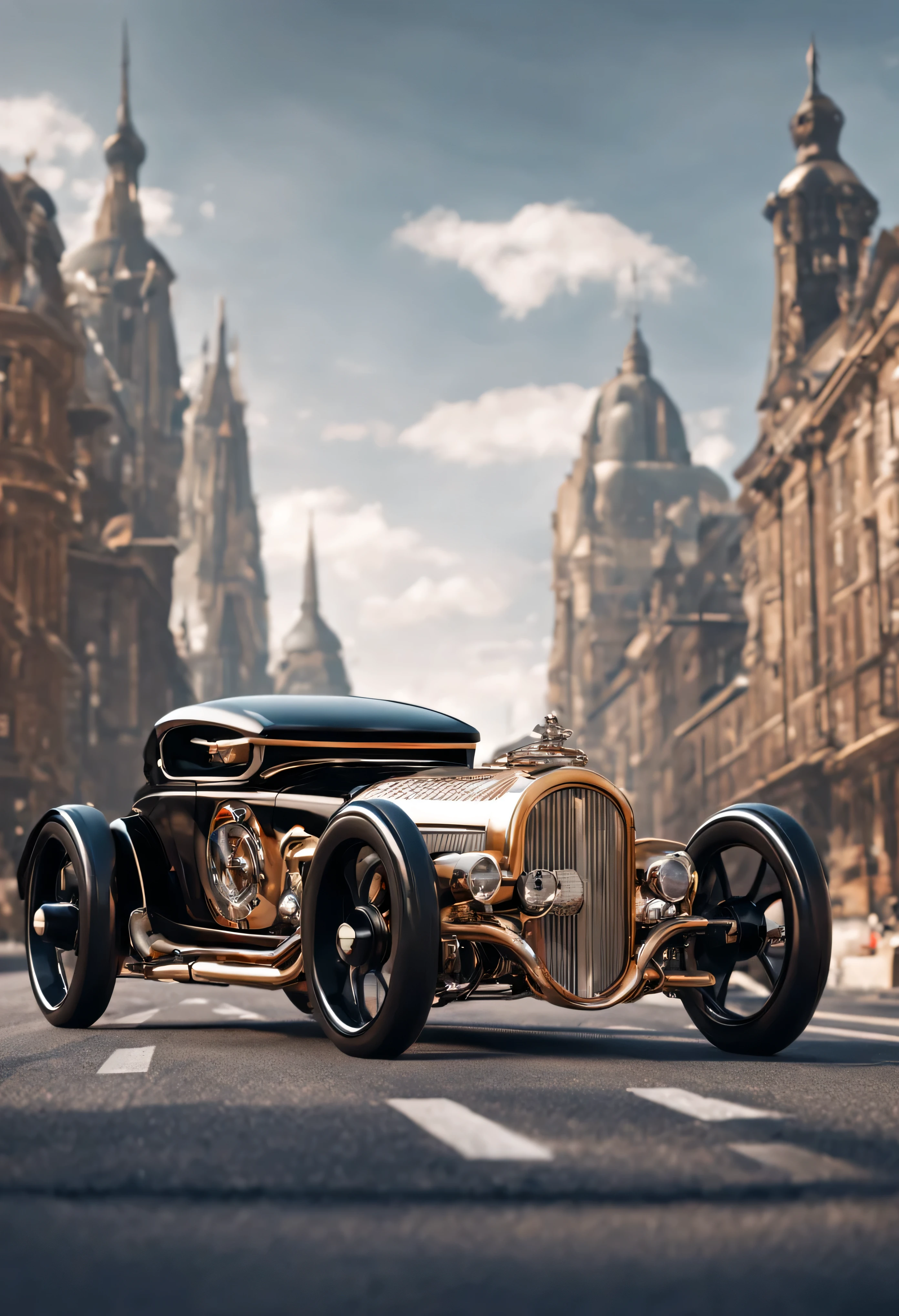 A futuristic hi-tech hot rod inspired by,  Steampunk-inspired,  Chrome Exhaust pipes,  LEDs,  (((Black wheels))),  on the road in city area background,  at Midday time,  Front Side view,  symmetrical,  By Ray Shark