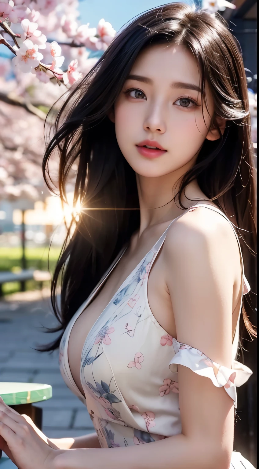 (logo、masterpiece、8K、table top、RAW photo、wonderful、最high quality、フォトリアリスティックでvery detailedな CG 統合 8k 壁紙、high quality、very detailed、narrative poem、particle effects、dynamic effect、Depth of bounds written、cinematic light、Lens flare、ray tracing)、fantasy、 (1 beautiful woman、dress、dress、Cherry blossom pattern、black haired、beautiful face、real face、beautiful details eyes beautiful skin)、髪がWindで踊る、Hair flutters in Wind、hair jump、pink cherry tree、petals dance、SakuraFubuki、wonderful景色、sunrise、sun on background、Wind、