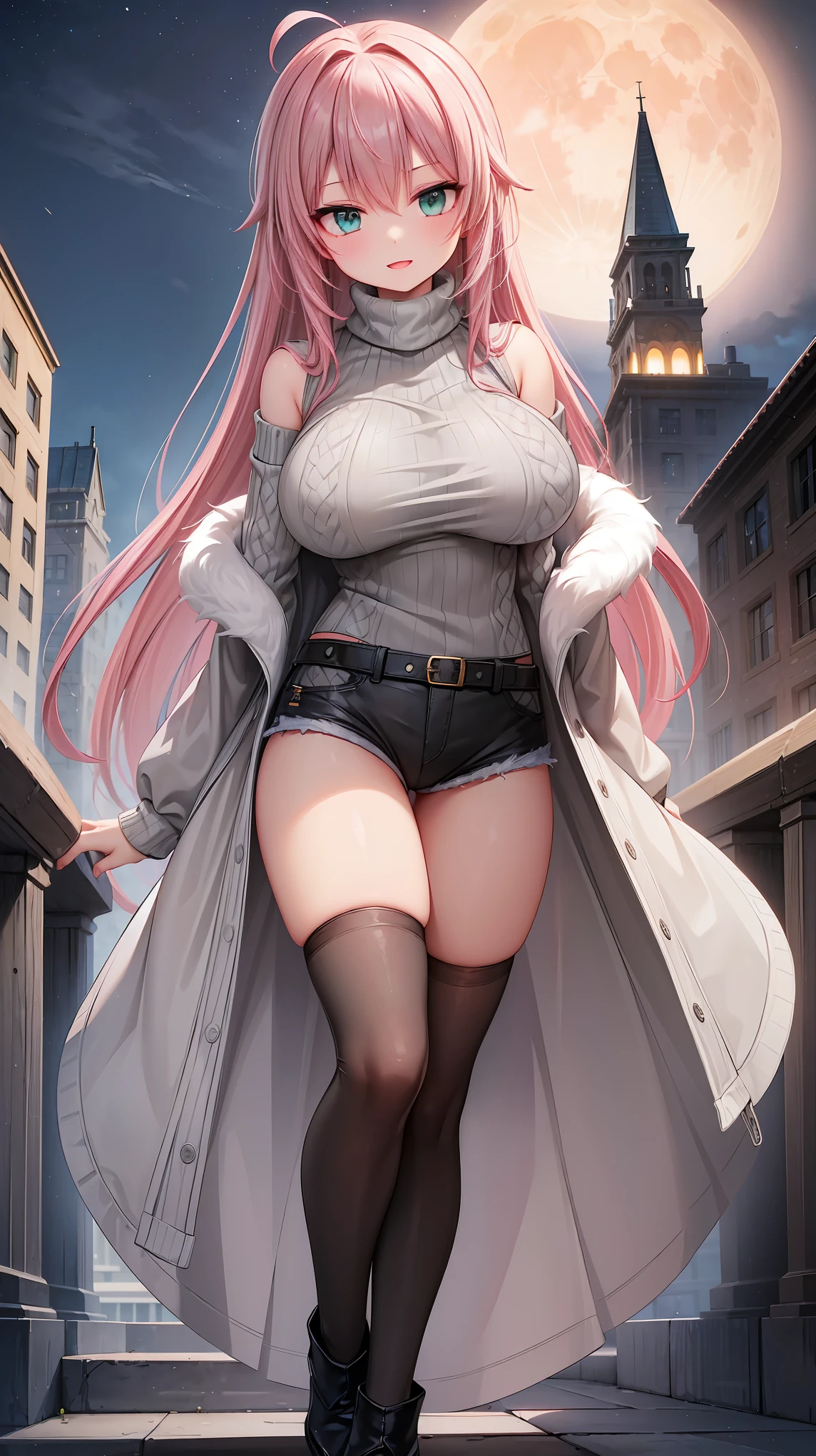 (masterpiece,best quality, detailed,hires:1.4),portrate,1girl,standing,16yo,(solo:1.4),winter city scape,(street:1.3),(big moon,detailed full moon,night sky,fine sky),BREAK,super dericate hair,ahoge,pink hair,long hair,detailed face,(green eyes),beautiful detailed eyes,sparkling eyes,big eyes,tareme,bloom,glowing,glowing skin,huge breast,BREAK,(White fur coat:1.3),BREAK, (gray turtleneck sweater:1.48),BREAK,(denim short shorts:1.2), (black stockings:1.4),(brown long boots:1.2),close up breast,(happy:1.4),blush,(head to crotch,below the knee and feet are out of sight:1.4),from below,