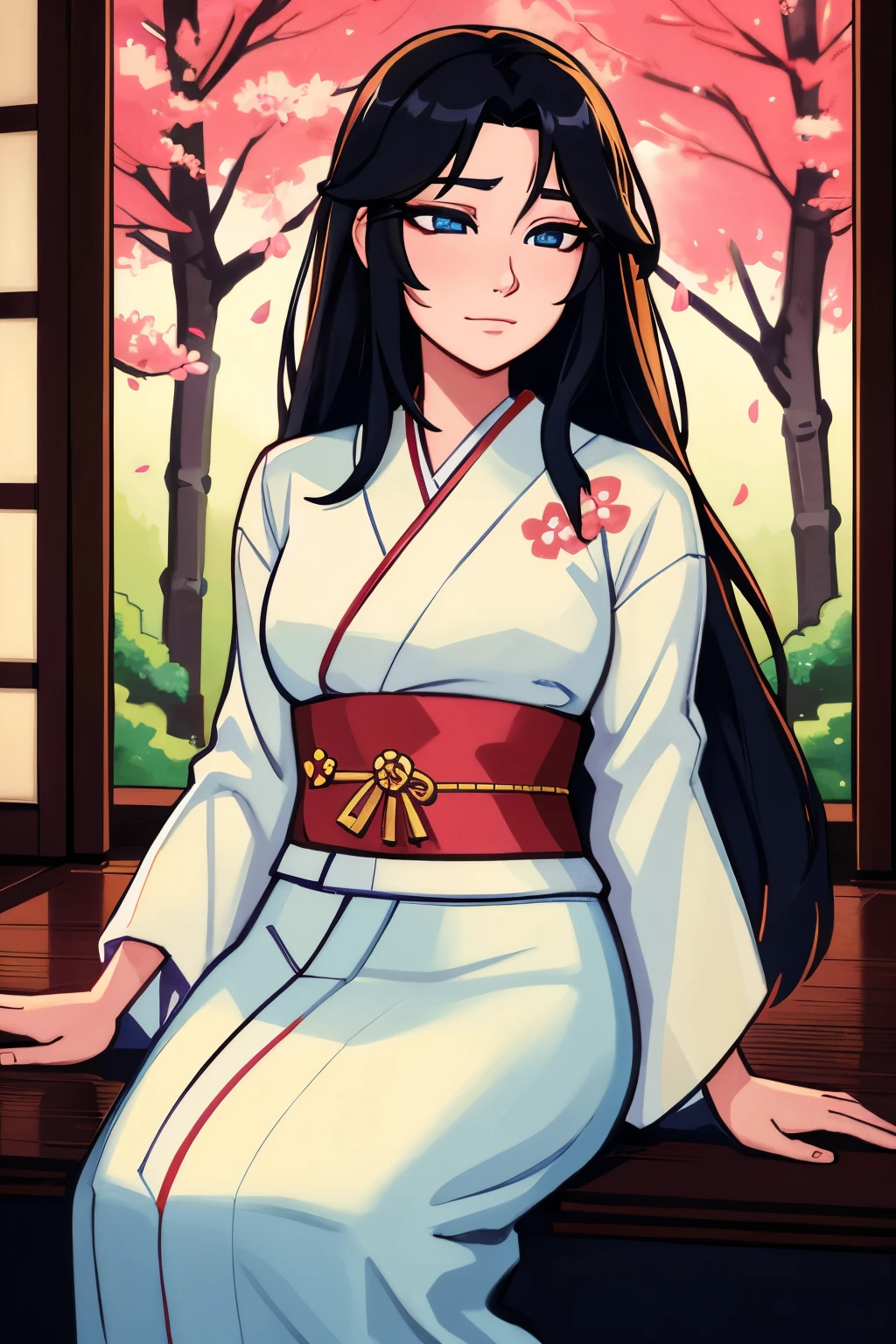 beautifully detailed eyes, flowing black hair, elegant posture, delicate cherry blossom petals, traditional Japanese garden, soft golden light filtering through the trees, vibrant colors, intricate embroidered patterns on the kimono, serene expression, graceful movement, the sound of a bamboo flute in the background, tranquil atmosphere, a sense of tranquility and harmony. (best quality, highres, realistic:1.37), medium:traditional Japanese art, vivid colors, soft pastel tones, gentle brush strokes, serene and peaceful ambiance.