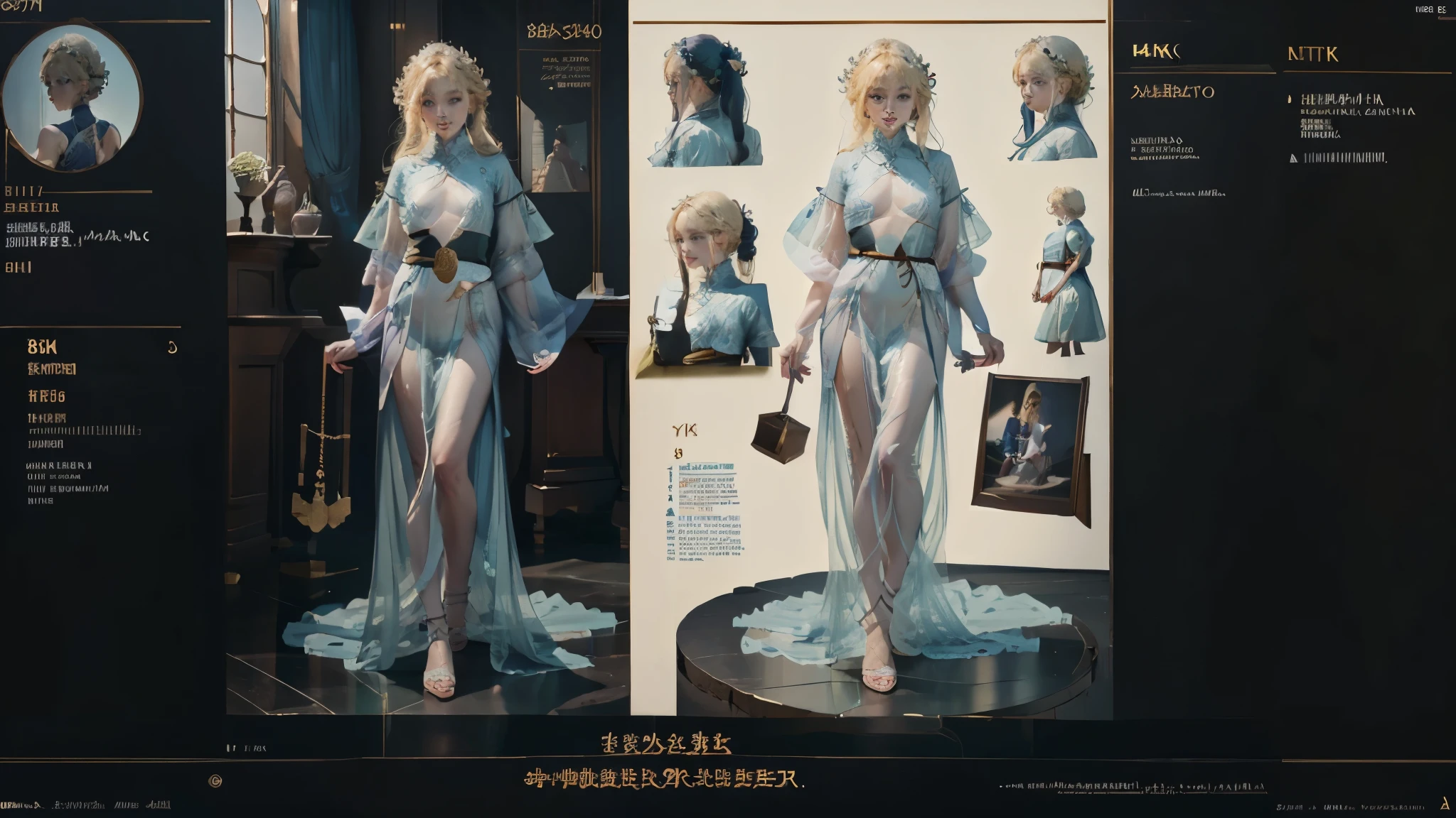 (best quality,4k,8k,highres,masterpiece:1.2),ultra-detailed, 1woman, Greek goddess Aphrodite, yangmi, Blond hair, gyaru, skimpy powder blue gown, seethru, beautiful, alluring, in a seductive pose, looking at viewer, seductive eyes, Drawn in the style of Yoshitaka Amano, HDR, 8k, absurdres, cinestill 800, sharp focus ((Masterpiece, best quality) detailed, character sheet, many items (+ detailed item description, many parts), + character description, full of details.) concept-art, reference sheet