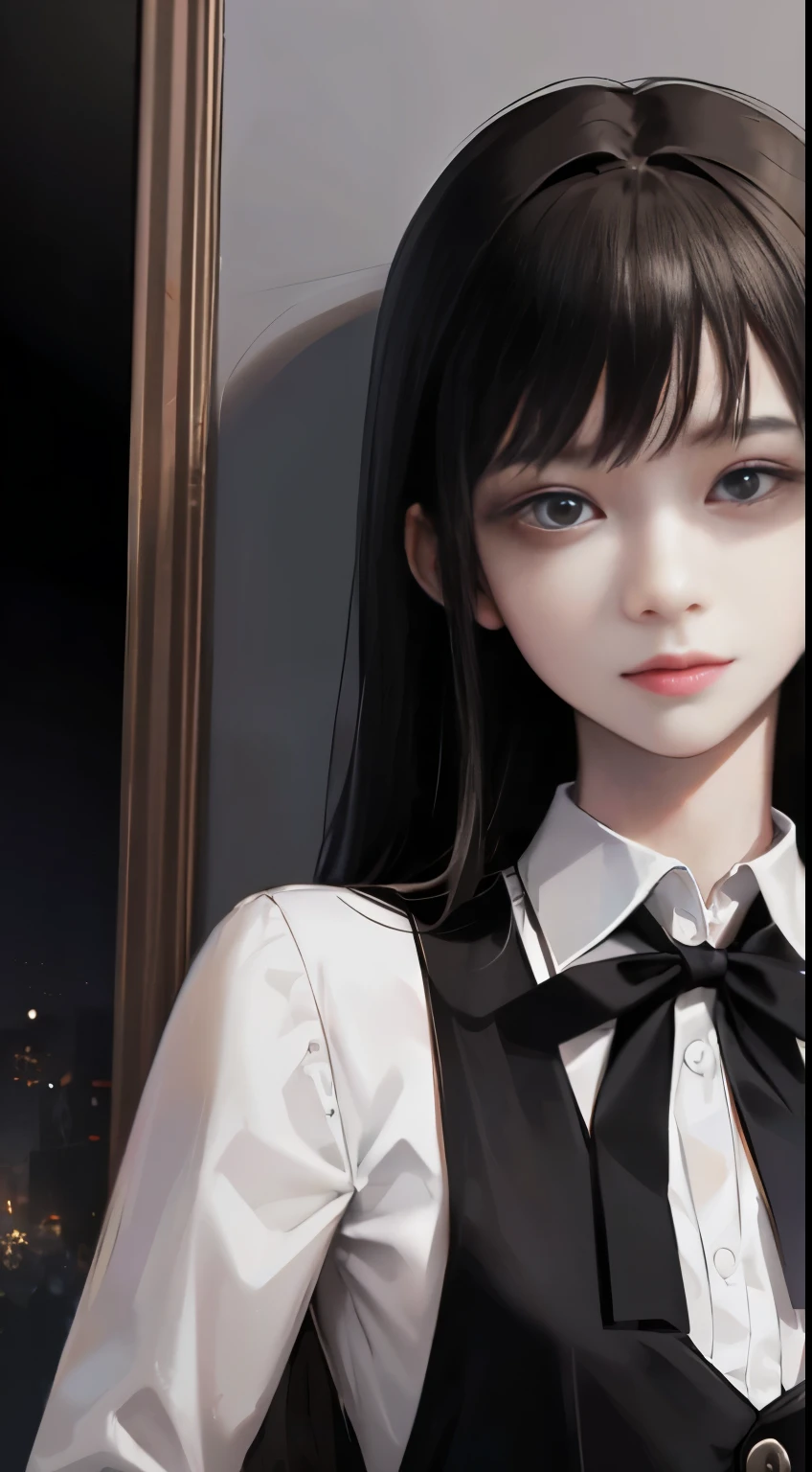 (surreal), (figure), (High resolution), (8K), (very detailed), (best figure), Yoru ( chainsaw man ), (beautiful and fine eyes), (highest quality), (super detailed), (masterpiece), (wallpaper), (detailed face), alone, Upper body, focus on face, 1 girl, long black hair, Korean, thin eye shadow, detailed eyes, brown eyes, small mole under the eye, long sleeve shirt, Neckbow,  small breasts, pinafore dress, dynamic pose, Low illumination, night, dark, cloud, dark night