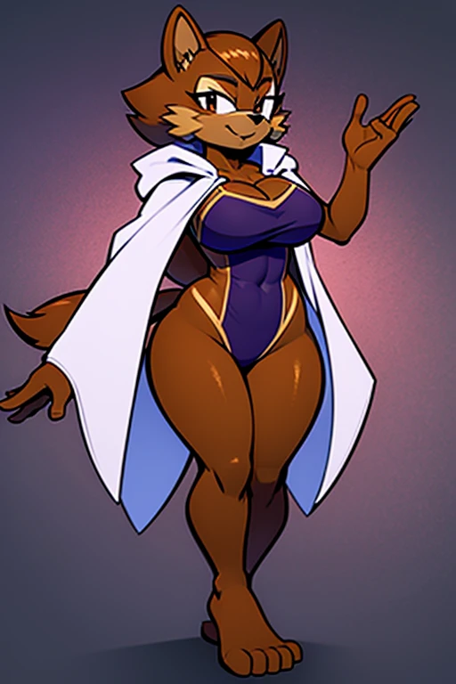brown fur, brown skin, lab cloak, white cloak, breasts, smile, light smile, full body, wide hips, cloak, laboratory