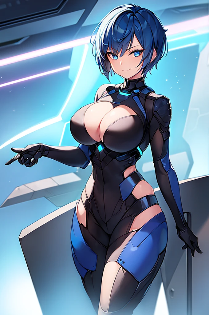 1girl, pixie cut, very short hair, blue hair, blue eyes, black bodysuit, large breasts, wide hips, thick thighs, neon trim, futuristic, science-fiction, tech, smile, smirk, smug, bare legs, wings