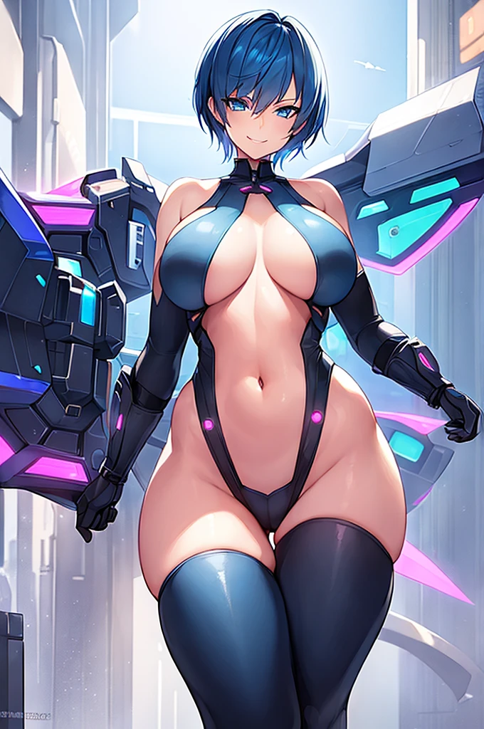 1girl, pixie cut, very short hair, blue hair, blue eyes, black bodysuit, large breasts, wide hips, thick thighs, neon trim, futuristic, science-fiction, tech, smile, smirk, smug, bare legs, wings