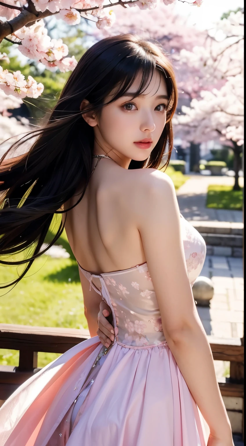 (logo、masterpiece、8K、table top、RAW photo、wonderful、最high quality、フォトリアリスティックでvery detailedな CG 統合 8k 壁紙、high quality、very detailed、narrative poem、particle effects、dynamic effect、Depth of bounds written、cinematic light、Lens flare、ray tracing)、fantasy、 (1 beautiful woman、dress、dress、Cherry blossom pattern、black haired、beautiful face、real face、beautiful details eyes beautiful skin)、髪がWindで踊る、Hair flutters in Wind、hair jump、pink cherry tree、petals dance、SakuraFubuki、wonderful景色、sunrise、sun on background、Wind、