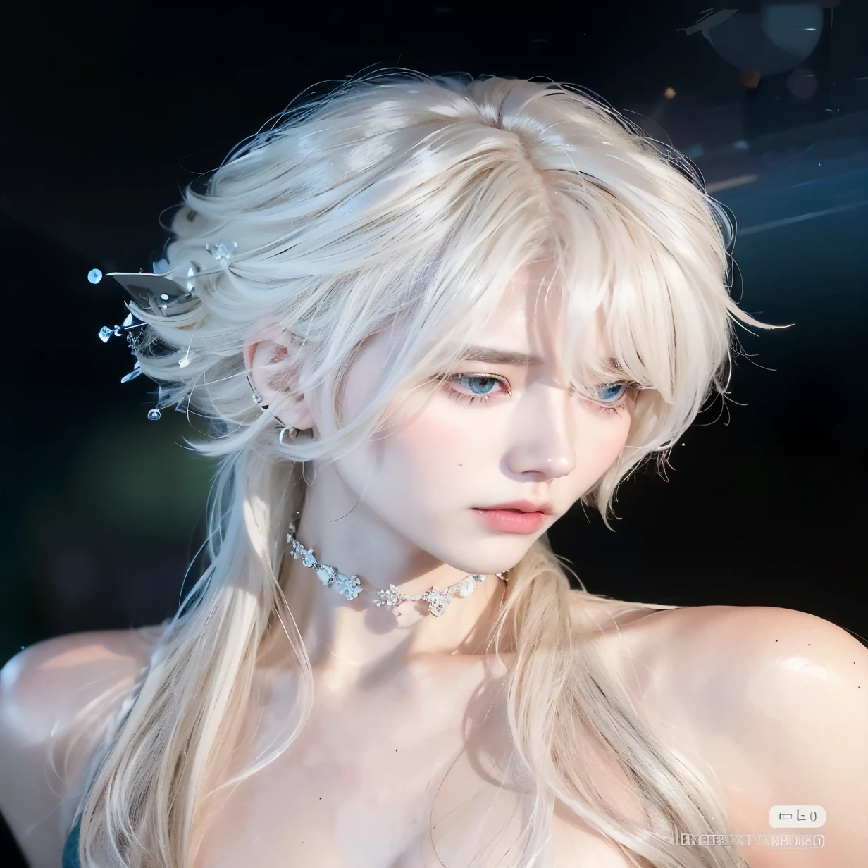 a close up of a woman with blonde hair and a necklace, delicate androgynous prince, with long white hair, cloud-like white hair, white cloud hair, beautiful androgynous prince, with white long hair, cai xukun, white fringy hair, ethereal hair, portrait of magical blond prince, pale hair, white hime cut hairstyle