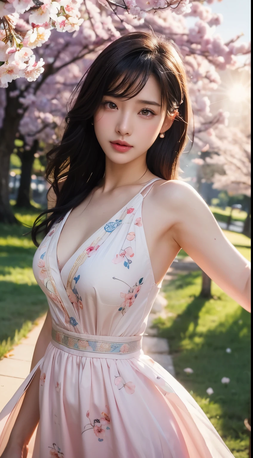 (logo、masterpiece、8K、table top、Raw photo、wonderful、最high quality、Photorealistic and very detailed CG integrated 8k wallpaper、high quality、very detailed、narrative poem、particle effects、dynamic effects、Depth of the bounds written、cinematic light、Lens flare、ray tracing)、fantasy、 (1 beautiful woman、dress、dress、cherry blossom pattern、black haired、beautiful face、real face、beautiful details eyes beautiful skin)、My hair dances in the wind、Hair flutters in Wind、hair bounces、pink cherry tree、petals dance、SakuraFubuki、Spectacular view、sunrise、sun on background、Wind、