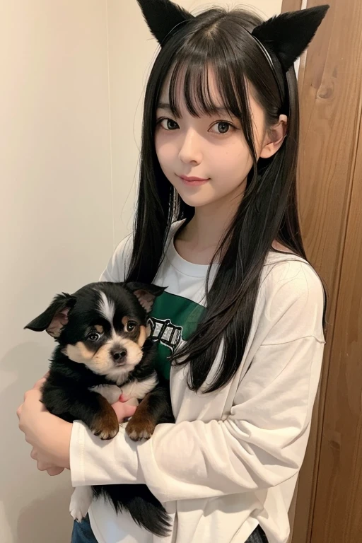 1 girl, nude,medium black hair, green eyes, dog ears, dog ears, Holding a puppy,whole body,Are standing,