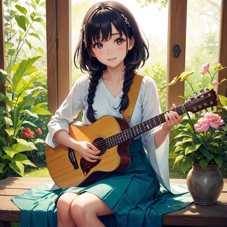 Aiko Tanaka, a simple girl with braided hair, is known for her overwhelming passion for music. Her beautiful detailed eyes and lips reflect her strong determination and gentle nature. She is wearing a colorful outfit that matches her vibrant personality. The scene is set in a lush garden, where sunlight filters through the leaves and casts a warm glow. Aiko is sitting on a wooden bench, surrounded by blooming flowers and singing birds. The medium used to depict this artwork is a combination of watercolor and ink, giving it a soft and ethereal feel. The colors are vivid and saturated, with a touch of warm tones to create a cheerful ambiance. The lighting emphasizes the play of light and shadow, creating depth and dimension. The image quality is of the best quality, with ultra-detailed features and a photorealistic appearance. The overall atmosphere of this artwork is joyful and peaceful, capturing Aiko's love for music and the serenity of the garden.