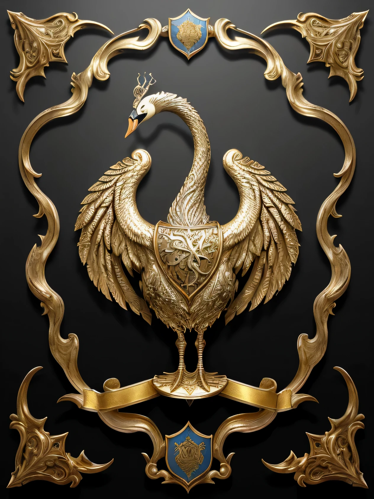 Create a heraldic coat of arms, expired in the Game of Thrones series, com um cisne de metal como elemento central. The swan is exquisitely designed with noble feathers shining beneath the faded golden metallic surface., dando uma aura de antiguidade e grandeza. O fundo mostra ricos, cores vibrantes em um estilo de alto contraste, reminiscent of the intricate tapestries found in the halls of Westeros&#39; noble houses. The design is intricately detailed, with perfect watermark, and displays a level of hyperrealism that brings the expired coat of arms to life. The metal swan is proof of noble lineage