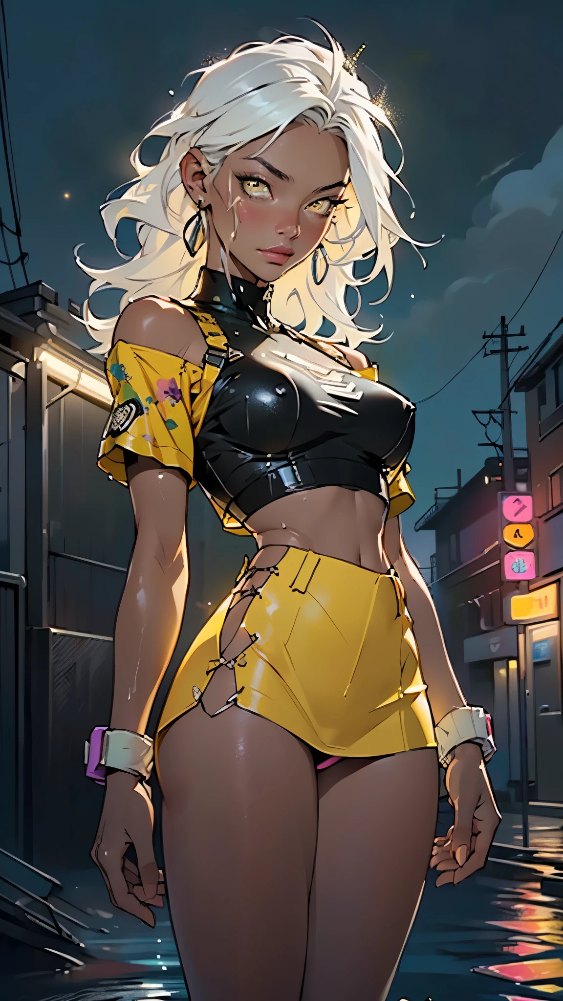 girl rave,(((1girl))),((girl with extremely cute and beautiful white hair)),dark skin,very dark skin,dark_skin,
(large breasts:1.4),saggy breasts,(((white hair:1.35,straight hair,long hair:1.4,colored inner hair,ear breathing))),(((light_yellow_eyes:1.3))),intricate eyes,beautiful detailed eyes,symmetrical eyes,big eyes:1.5,((fat)),((((black girl,black skin,dark-skinned_female,dark skin:1.3,ebony skin,lustrous skin:1.5,bright skin: 1.5,shiny skin,very shiny skin,shiny body,plastic glitter skin,exaggerated shiny skin,shiny skin like ebony,illuminated skin, wet legs))),(spider lower abdomen,narrow waist,wide hip,athletic body,inflated legs, thick thighs,detailed body,(detailed face)),
cute,slutty,seductive,erotic,((nsfw)),
zettai ryouiki,revealing clothing,show skin,((rave shirt with an yellow print,rave mini-skirt,visible thong straps)),((underpants strap)),(wearing a rave outfit:1.3,rave clothes,semi-naked,with little clothing),((wet clothes,intricate outfit,intricate clothes)),
(dynamic pose:1.0),solo focus,embarrassed,(centered,scale to fit dimensions,Rule of thirds),
cyberpunk city by the ocean at night, with bright neon signs and dark stormy clouds and puddles, scenery:1.25,nighttime, starry night, cosmos,Very dark night that makes the neon lights stand out, very bright neon lights,nighttime, starry night, cosmos,
artistic photography,(photography taken by sldr),highres, sharp focus,(ultra detailed, extremely detailed), (photorealistic artwork:1.37),(extremely detailed CG unity 8k wallpaper),((synthwave background theme)),(((vibrant colors))),intricate,(intricate background),(masterpiece),(best quality),perfect rendered face,perfect face details,realistic face,photo realistic,analog style,((intricate detail)),(((realism))),