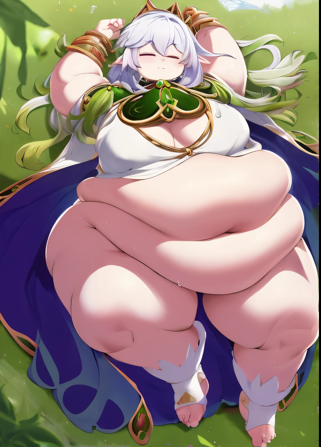 (masterpiece, highest quality, super detailed)queen mushroom、Detailed hands, Detailed Face, detailed feet, Detailed Eyes, young girl, thick thighs、Girl with thick fat chunky physique ,Completely color-coded beauty、Luxurious cloak、lie down、sleepy face