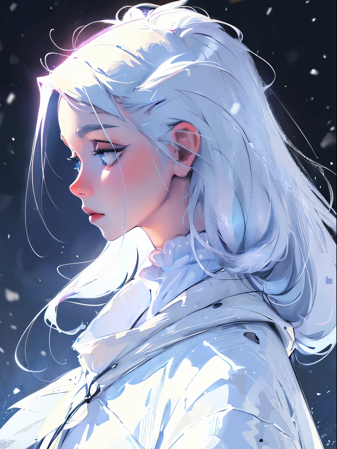 1female people，long white hair，Ice blue eyes，long white robe，Indifferent expression，long eyelasher，flatchest，Face portrait，Snow-capped mountains in the background, mature woman,a woman in profile with long white hair, white silos, white eyes, ice crown, queen's crown, ice queen, snowing, few clothes, ice clothes with white, glittering stones all over her body, ice tattoo, lots of tone blue and white, (ultra-realistic), {extremely detailed CG unit 8k wallpaper}, Expansive landscape photography, (a bottom view that focuses on the character, expansive open field view), (low-angle shot), (high light: 1.0), (low light: 1.5), (warm light source: 0.5), complex details, (Iridescent colors: 1.5), (bright lighting), (atmospheric lighting), dreamy, magical, surrealistic, 