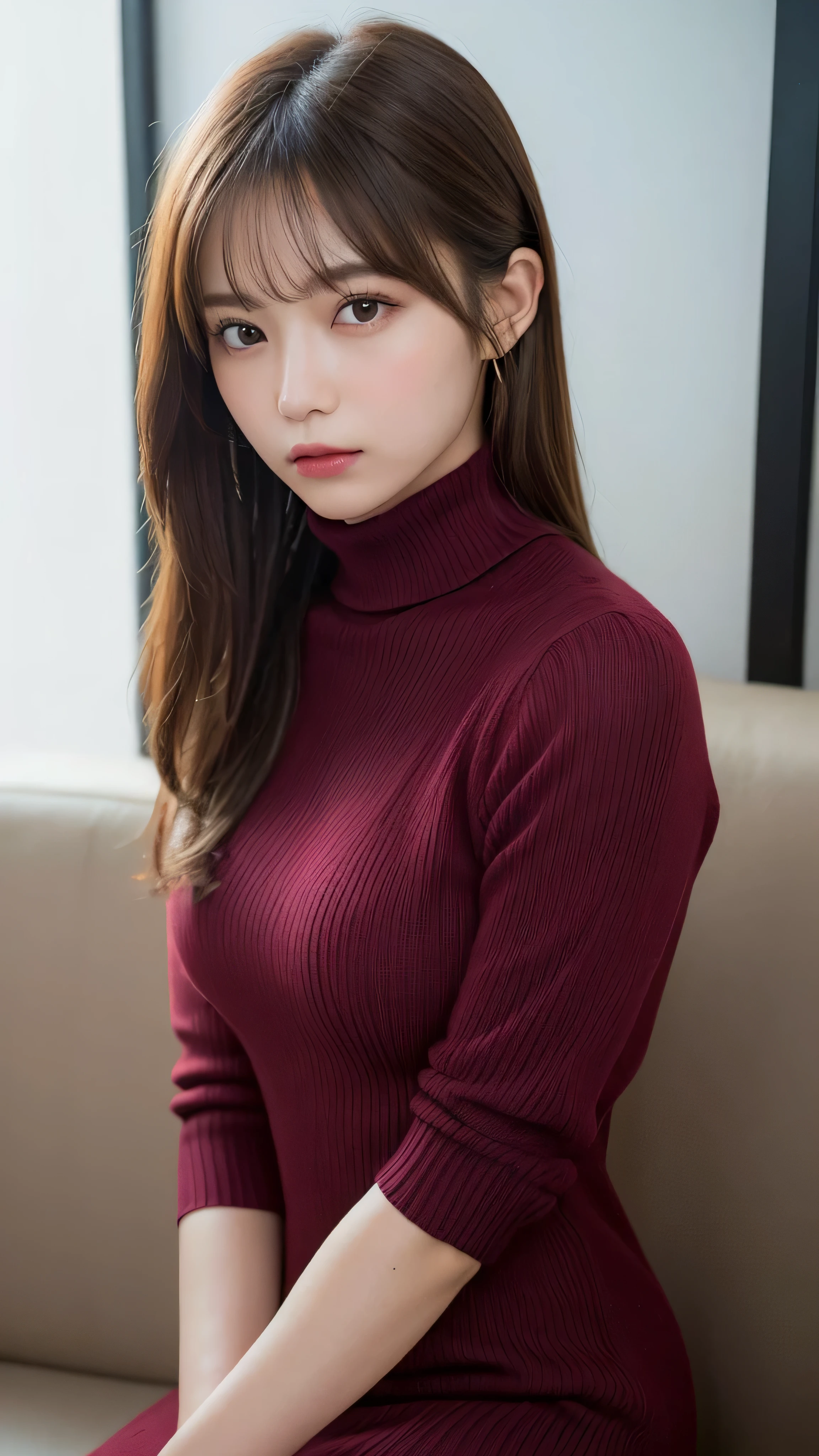(masterpiece:1.5)、(realistic:1.5)、(highest quality:1.4、8K、RAW photo）、
ultra high resolution、professional lighting、perfect dynamic composition、Shot indoors、
film grain、chromatic aberration、(Bokeh:1.1)、
Frank、Sophisticated、charm、超realistic、high detail、golden ratio、
(1 girl)、slender girl、繊細でcharm女の子、cute woman:1.4、
serious expression、looking at the viewer、sculpture installation、Sit on the couch and relax、
light brown hair、shining hair、Hair style is ponytail、
skin that looks real、
close your mouth、fine eyes、double eyelid、thin arms、、
(She is wearing a burgundy turtleneck ribbed sweater dress.:1.3)、show some thighs