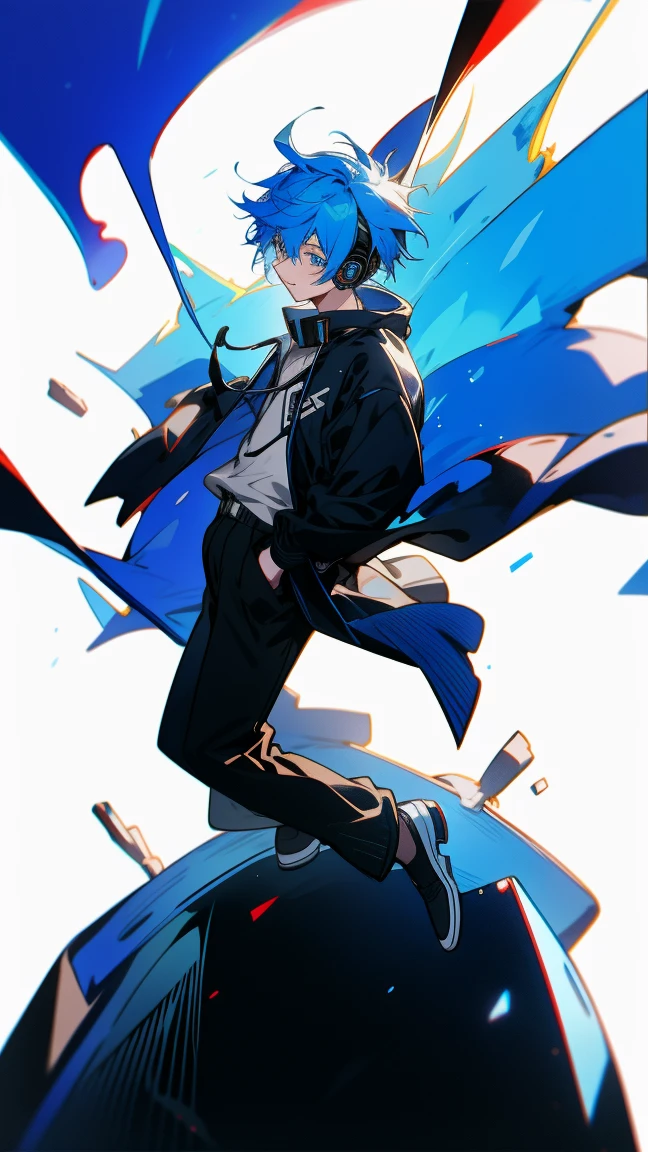8k, 2d, high resolution, Best Quality, Blue Eyes, Blue Haired Emo boy, Headphones, 1boy, Full Body, Looking Straight