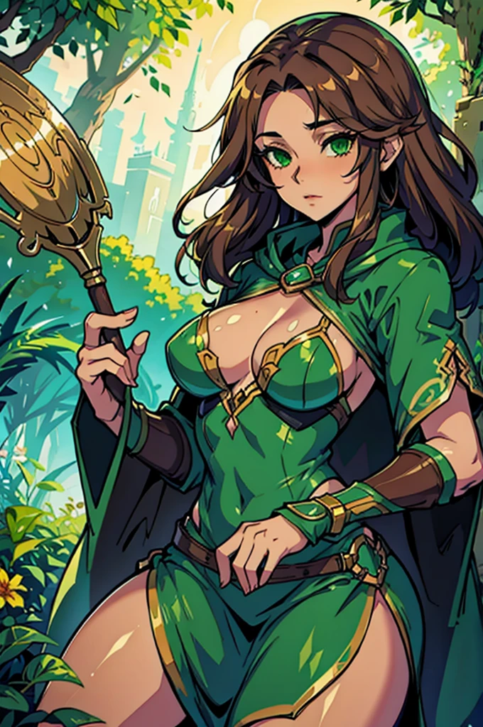 A Beautiful Woman with long brown hair, green eyes and fair skin wearing a green riding cloak.