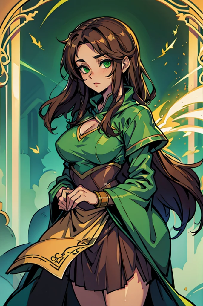 A Beautiful Woman with long brown hair, green eyes and fair skin wearing a green riding cloak.