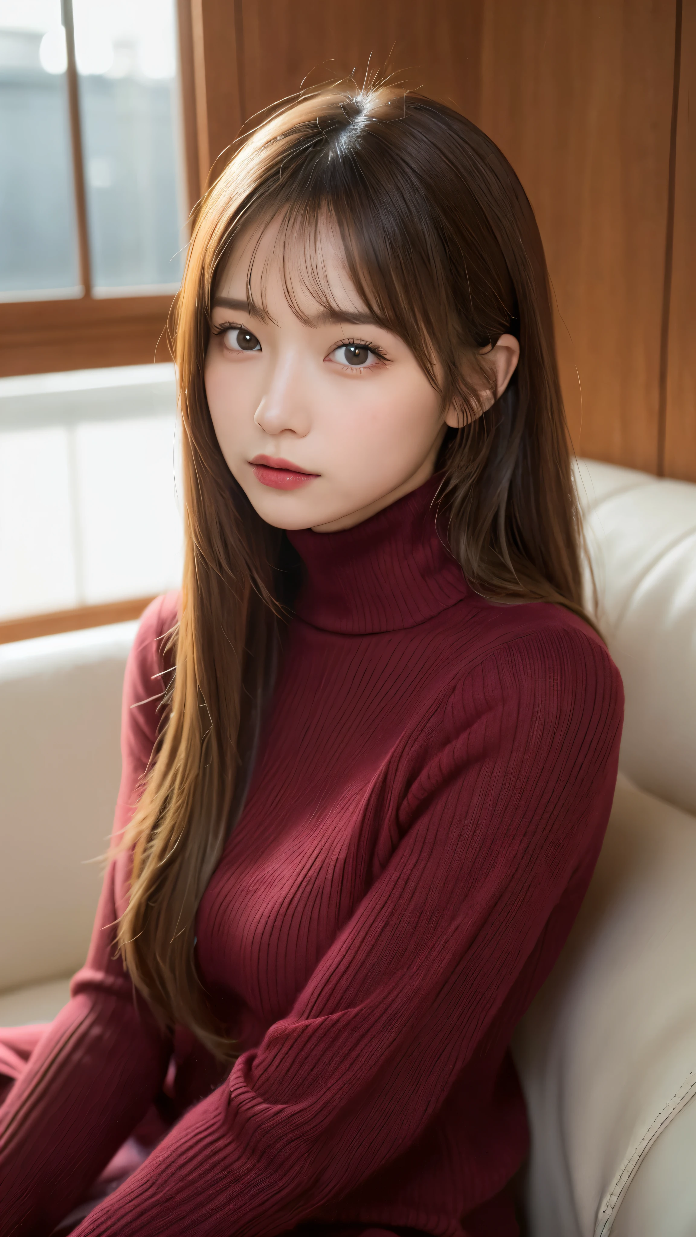 (masterpiece:1.5)、(realistic:1.5)、(highest quality:1.4、8K、RAW photo)、
ultra high resolution、professional lighting、perfect dynamic composition、Shot indoors、
film grain、chromatic aberration、(Bokeh:1.1)、
Frank、Sophisticated、charm、超realistic、high detail、golden ratio、
(1 girl)、slender girl、繊細でcharm女の子、cute woman:1.4、
serious expression、looking at the viewer、sculpture installation、Sit on the couch and relax、
light brown hair、shining hair、Hair style is ponytail、
skin that looks real、
close your mouth、fine eyes、double eyelid、thin arms、、
(She is wearing a burgundy turtleneck ribbed sweater dress.:1.3)、show some thighs